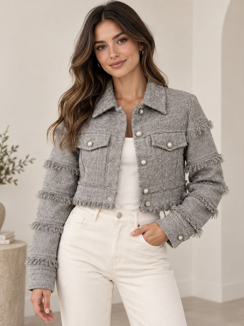 LOFT Cropped Fringe Tweed Blazer